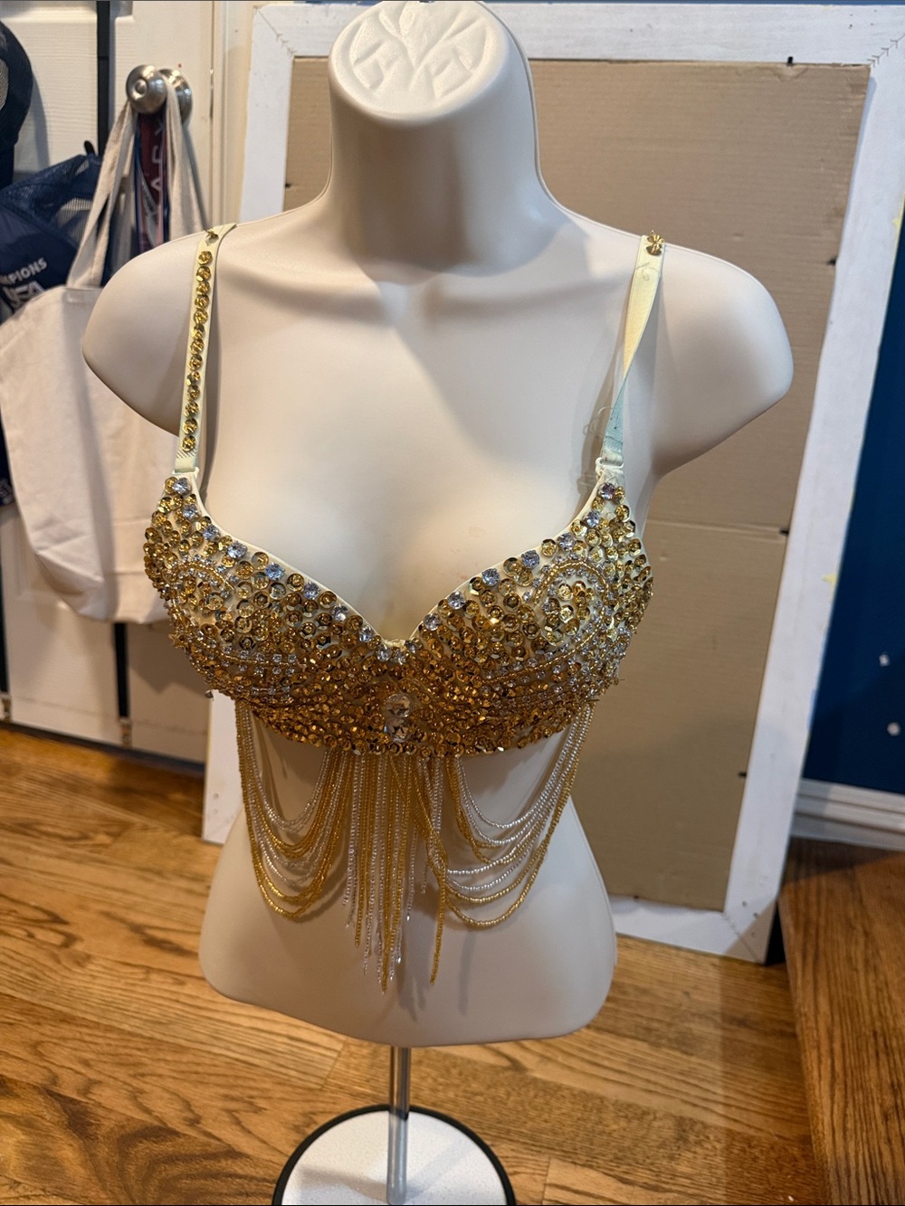 Gold Jeweled Bra with Chain Fringe